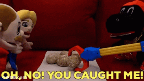 Two Stuffed Animals Standing Next To Each Other With The Words Oh No You Caught Me On The Bottom GIF