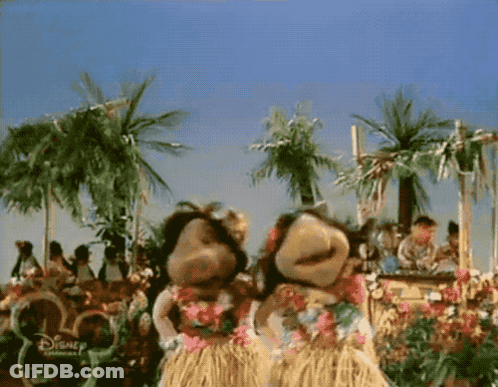 Two Stuffed Animals Wearing Hawaiian Outfits Are Dancing In Front Of Palm Trees GIF
