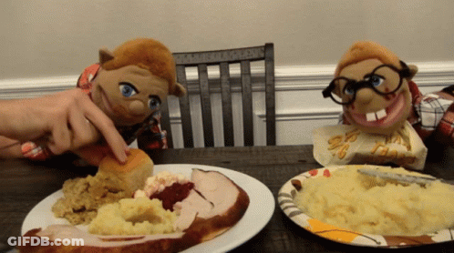Two Stuffed Animals With Turkey And Mashed Potatoes GIF