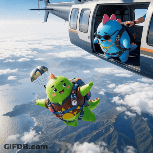 Two Stuffed Dinosaurs Flying Through Air GIF