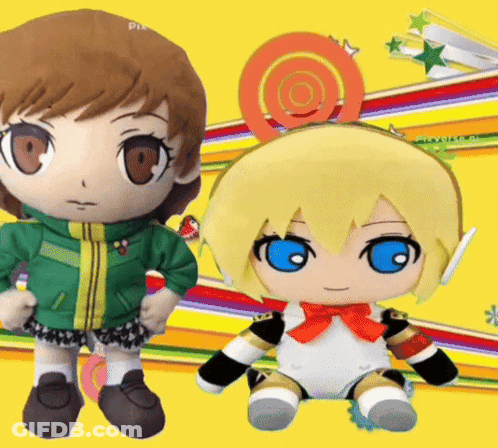 Two Stuffed Dolls Are Standing Next To Each Other On A Colorful Background GIF