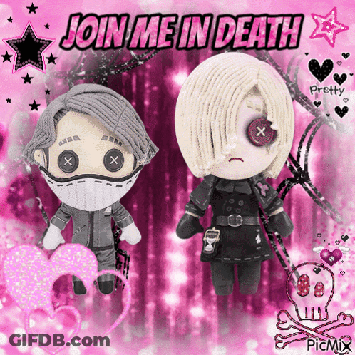 Two Stuffed Dolls On A Pink Background With The Words Join Me In Death Written Above Them GIF