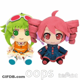 Two Stuffed Dolls Sitting Together With Oops GIF