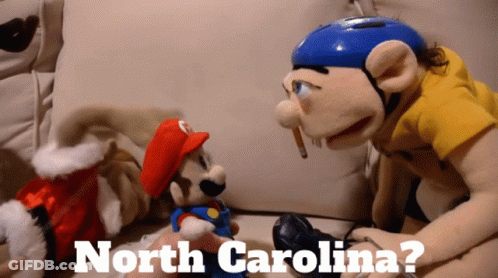 Two Stuffed Mario Dolls Are Sitting On A Couch With The Words North Carolina Written Below Them GIF