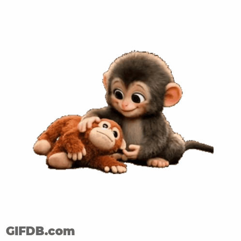 Two Stuffed Monkeys Are Sitting Next To Each Other On A White Background GIF