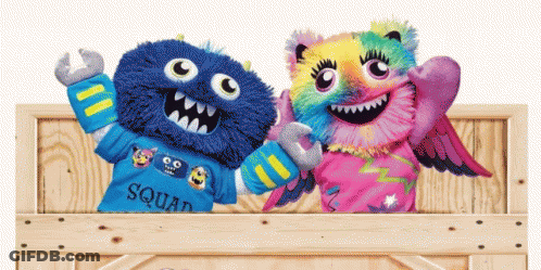 Two Stuffed Monsters Are Sitting In A Wooden Box And One Has A Shirt That Says Squad GIF
