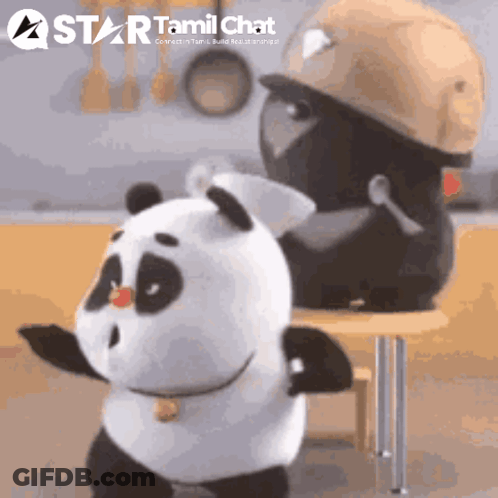 Two Stuffed Panda Bears Are Dancing In Front Of A Star Tamil Chat Banner GIF