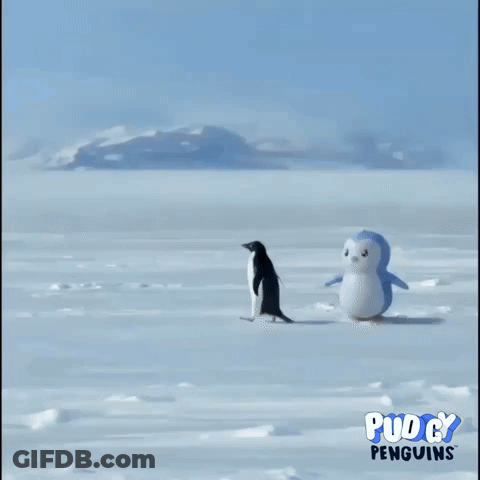 Two Stuffed Penguins Are Walking In The Snow With Pucky Penguins Written On The Bottom Right GIF