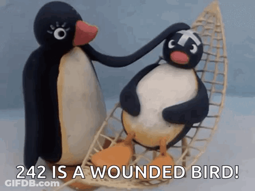 Two Stuffed Penguins With 242 Is A Wounded Bird GIF