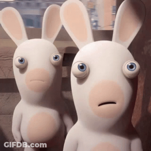 Two Stuffed Rabbits Staring With Big Blue Eyes GIF