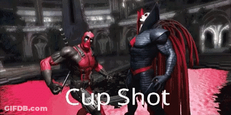 Two Superheroes Standing With Cup Shot GIF