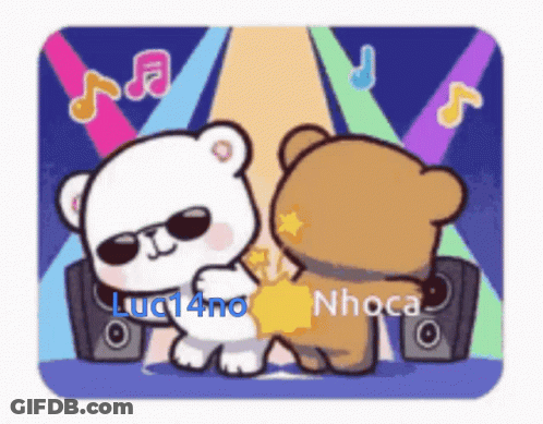 Two Teddy Bears Are Dancing In Front Of Speakers With The Name Nhoca On The Back Of One Of Them GIF