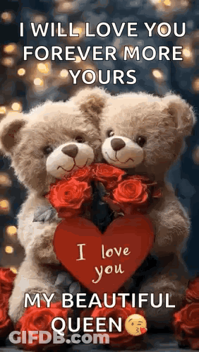 Two Teddy Bears Are Hugging Each Other While Holding A Heart And Roses . GIF
