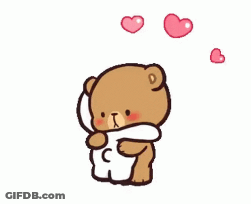 Two Teddy Bears Are Hugging Each Other With Hearts Coming Out Of Their Heads . GIF