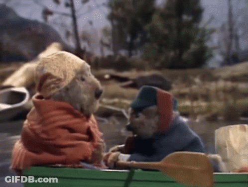 Two Teddy Bears Are In A Green Canoe GIF