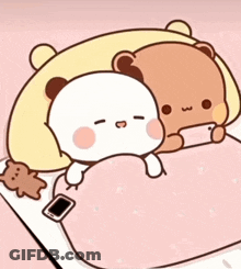 Two Teddy Bears Are Laying On A Bed With A Cell Phone Attached To Them . GIF