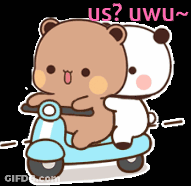Two Teddy Bears Are Riding A Blue Scooter With The Words Us ? Uwu Written On The Bottom . GIF
