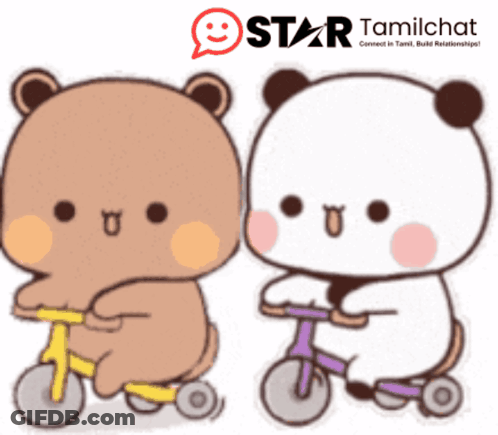 Two Teddy Bears Are Riding A Scooter And A Star Tamilchat Logo Is Above Them GIF