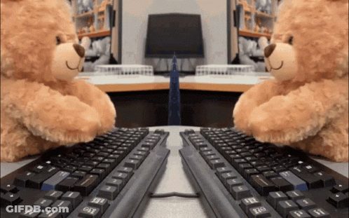 Two Teddy Bears Are Sitting In Front Of A Keyboard With The Shift Key On The Left Side GIF