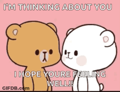 Two Teddy Bears Are Sitting Next To Each Other On A Pink Background And Talking To Each Other . GIF