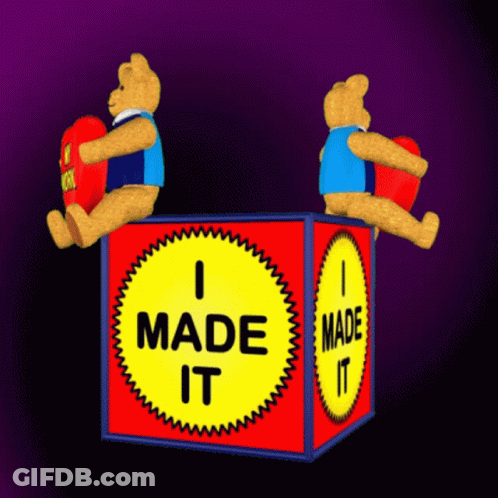 Two Teddy Bears Are Sitting On Top Of A Box That Says I Made It GIF