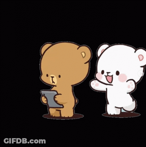 Two Teddy Bears Are Standing Next To Each Other And One Is Holding A Cell Phone GIF