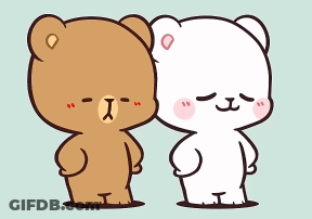 Two Teddy Bears Are Standing Next To Each Other And One Is Kissing The Other On The Forehead . GIF