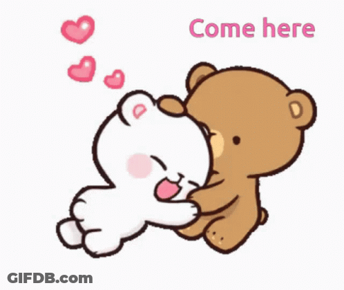 Two Teddy Bears Are Standing Next To Each Other And The Words Come Here Are On The Bottom GIF
