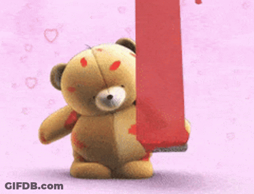 Two Teddy Bears Are Standing Next To Each Other In Front Of A Pink Background GIF