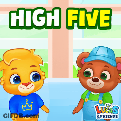 Two Teddy Bears Are Standing Next To Each Other In Front Of A Sign That Says " High Five " GIF