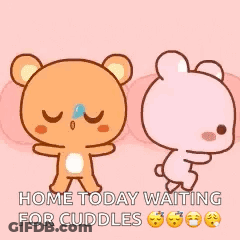 Two Teddy Bears Are Standing Next To Each Other On A Pink Background And They Are Waiting For Cuddles . GIF