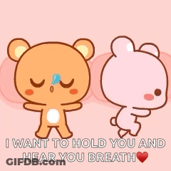 Two Teddy Bears Are Standing Next To Each Other On A Pink Background With The Words I Want To Hold You And Hear You Brea GIF