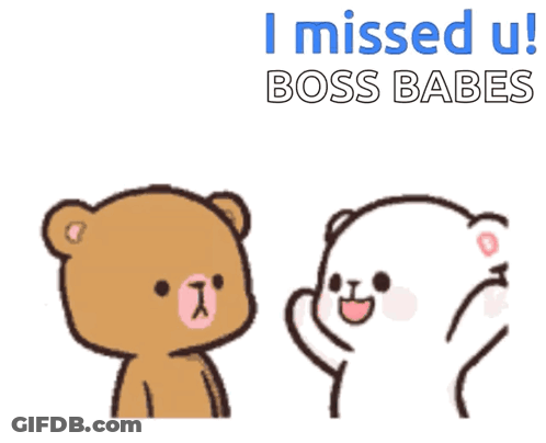 Two Teddy Bears Are Standing Next To Each Other With The Words " I Missed U Boss Babes " On The Bottom GIF