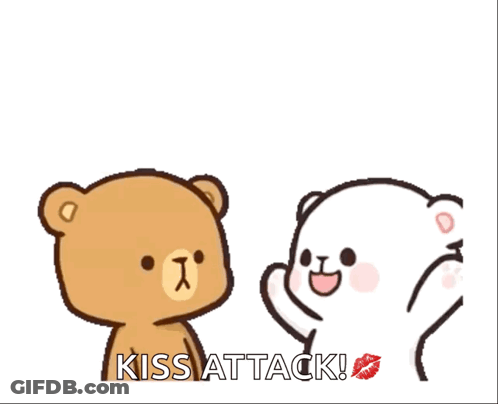 Two Teddy Bears Are Standing Next To Each Other With The Words Kiss Attack Written On The Bottom . GIF