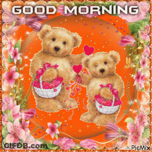 Two Teddy Bears Holding Baskets Of Hearts Saying Good Morning GIF