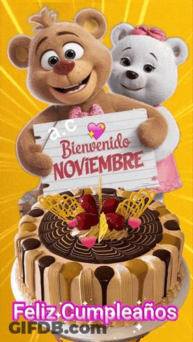 Two Teddy Bears Holding Bienvenido Noviembre Sign GIF