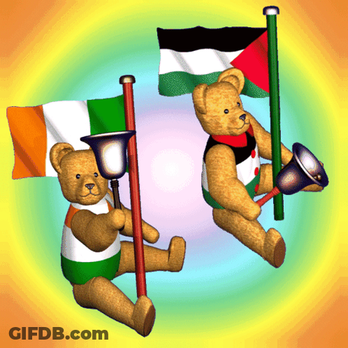 Two Teddy Bears Holding Flags And Bells GIF