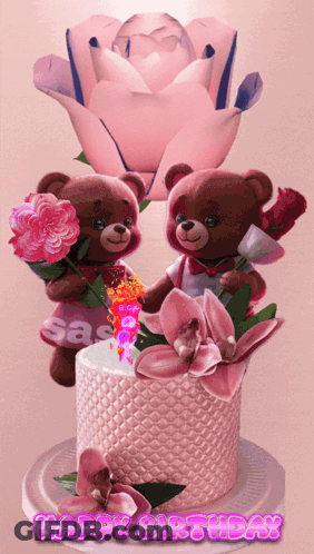 Two Teddy Bears Holding Flowers On Birthday Cake GIF
