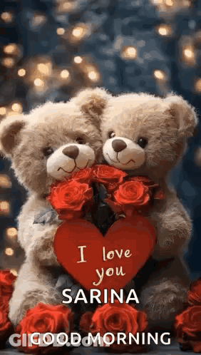 Two Teddy Bears Holding Heart And Roses GIF