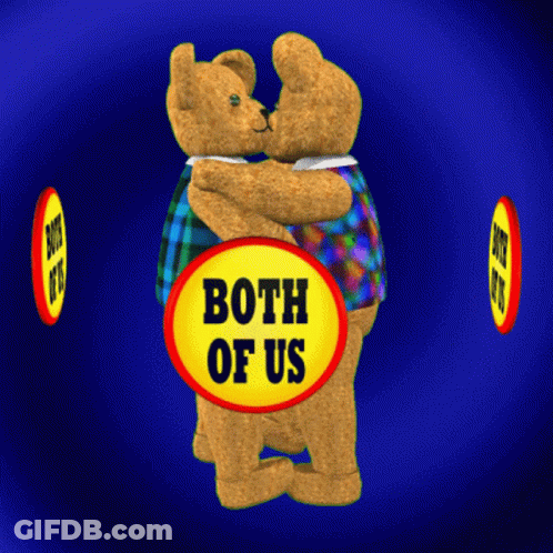 Two Teddy Bears Hugging Each Other With A Yellow Sign That Says Both Of Us GIF