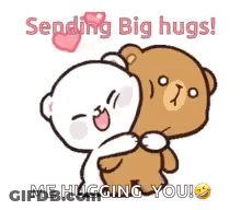 Two Teddy Bears Hugging Each Other With The Words `` Sending Big Hugs ! Me Hugging You ! '' GIF