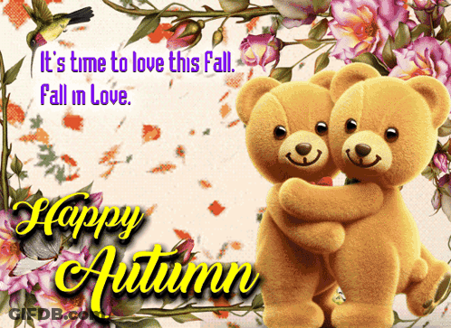 Two Teddy Bears Hugging Happy Autumn GIF