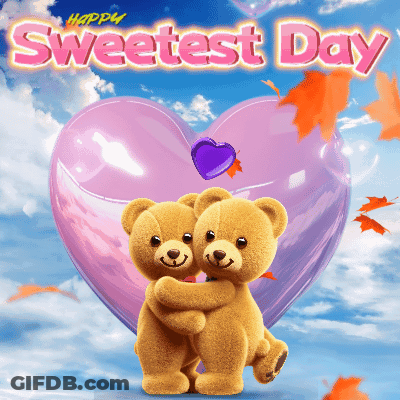 Two Teddy Bears Hugging In Front Of Pink Heart Saying Happy Sweetest Day GIF