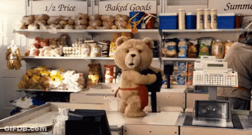 Two Teddy Bears Hugging In Half-Price Bakery GIF