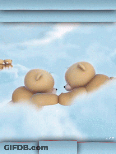 Two Teddy Bears Hugging In Sky GIF