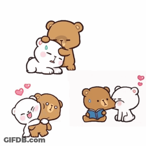 Two Teddy Bears Hugging One Reading GIF