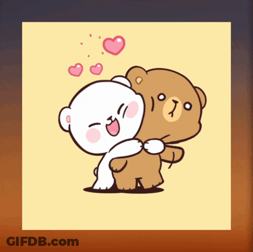 Two Teddy Bears Hugging With Hearts GIF