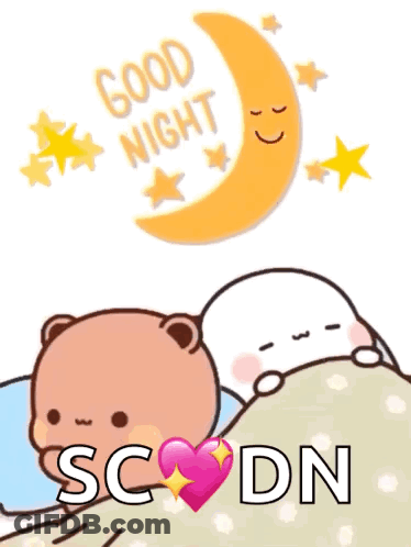 Two Teddy Bears Laying In Bed With Crescent Moon Good Night SC DN GIF