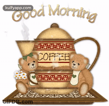 Two Teddy Bears Sit Next To A Coffee Pot That Says Coffee On It GIF