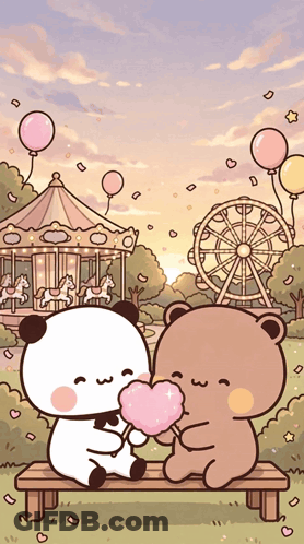 Two Teddy Bears Sitting On Bench In Front Of Merry Go Round GIF